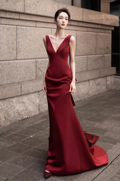 Burgundy V Neck Satin Long Prom Dress, Elegant Backless Evening Party Dress KPP1728