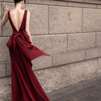 Burgundy V Neck Satin Long Prom Dress, Elegant Backless Evening Party Dress KPP1728 - Thumbnail 1