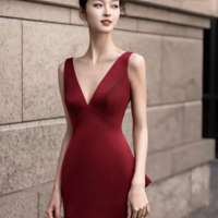 Burgundy V Neck Satin Long Prom Dress, Elegant Backless Evening Party Dress KPP1728 - Thumbnail 2