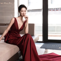 Burgundy V Neck Satin Long Prom Dress, Elegant Backless Evening Party Dress KPP1728 - Thumbnail 3