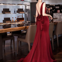 Burgundy V Neck Satin Long Prom Dress, Elegant Backless Evening Party Dress KPP1728 - Thumbnail 4