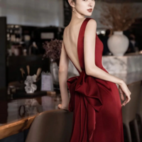 Burgundy V Neck Satin Long Prom Dress, Elegant Backless Evening Party Dress KPP1728 - Thumbnail 5