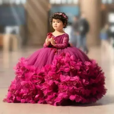 Puffy flower girls dresses 3d flower v neck long sleeve kids teens pageant gowns birthday party dress for wedding cooktail gown - Thumbnail 3