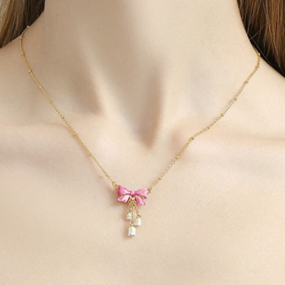 Pink valentines day bow necklace 18 k clad