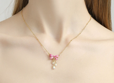 Pink Valentines Day Bow Necklace 18 K clad