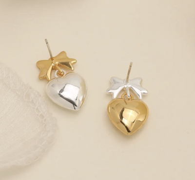 Valentines Day Earrings gold and silver heart 