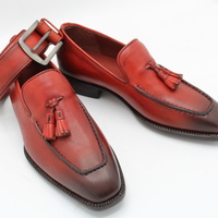Crafted Leather New Handmade Men's Red Tassel Loafers Shaded Moc Toe Pure Leather Party Shoes - Thumbnail 1
