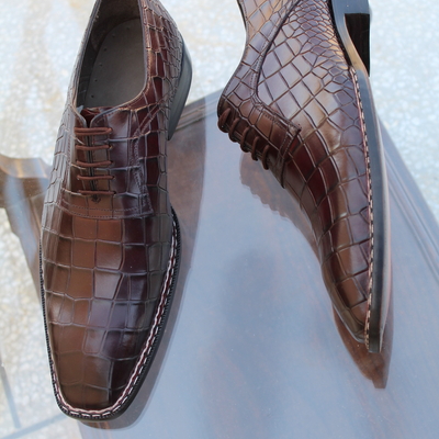 Crafted leather classic dark brown crocodile texture leather norwegian welted alligator oxford dress shoes - Thumbnail 5