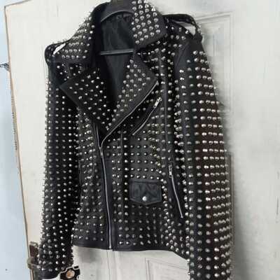 Crafted leather men silver studded punk rock gothic black leather jacket  - Thumbnail 3
