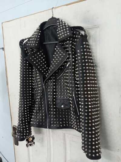 Crafted Leather Men Silver Studded Punk Rock Gothic Black Leather Jacket 