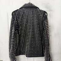 Crafted Leather Men Silver Studded Punk Rock Gothic Black Leather Jacket  - Thumbnail 1