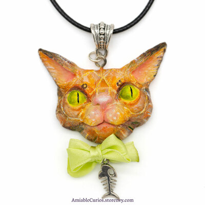 Orange Tabby Cat with Green Ribbon Necklace, unique cat pendant, kitty and fish charm