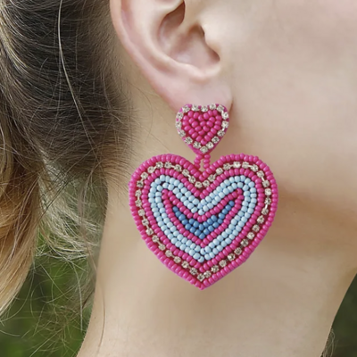 Beaded open heart dangle earrings
