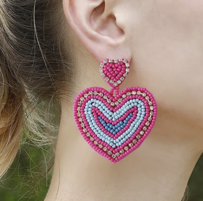 beaded open heart dangle earrings