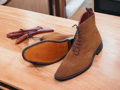 Handmade Men's Brown Suede Laceup Wing tip Dress Boot