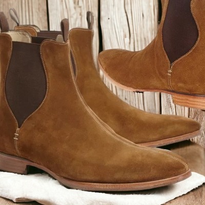 Handmade men's brown suede chelsea ankle boot dress boot