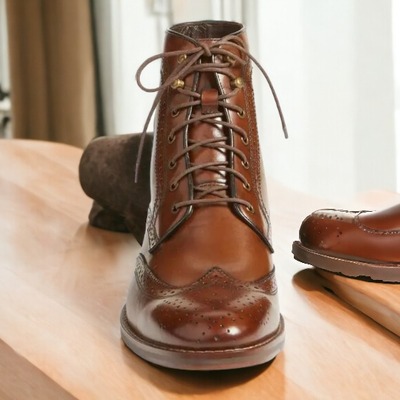 Handmade men's brown leather lace up wing tip broque toe dress boot - Thumbnail 3