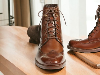 Handmade Men's Brown Leather Lace up Wing tip Broque toe Dress Boot