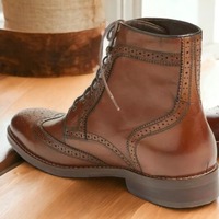 Handmade Men's Brown Leather Lace up Wing tip Broque toe Dress Boot - Thumbnail 1