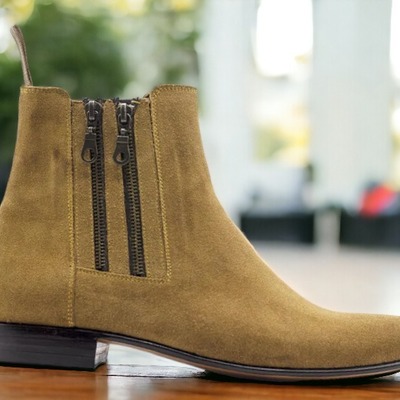 Handmade men's brown suede duble zipper dress boot