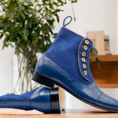 Handmade men's blue leather suede cap toe side button ankle boot