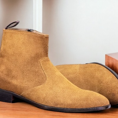 Handpainted men's brown suede zipper dress boot - Thumbnail 3