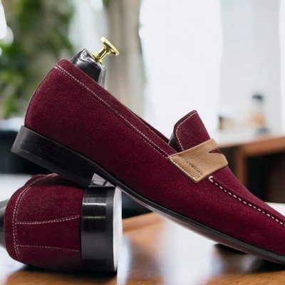 Handmade men's suede burgundy penny leather loafer shoes