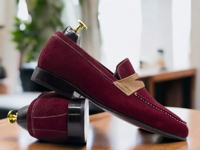Handmade Men's Suede Burgundy penny Leather Loafer Shoes