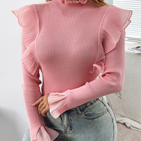 Women'S Fashion Long Sleeves Ruffled Pink Top - Thumbnail 3