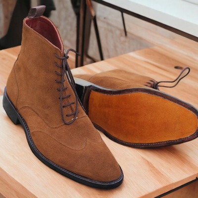 Handmade men's brown suede laceup wing tip dress boot wing tip boot