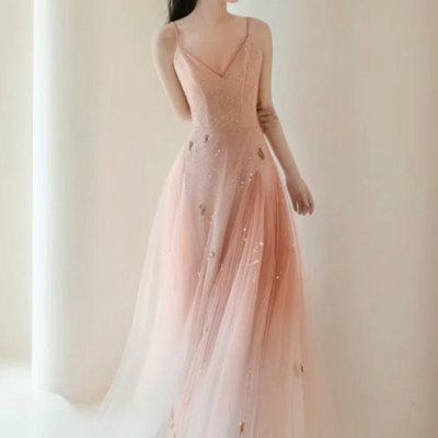 A line v neck tulle pink long prom dress, pink tulle long evening dress kpp1729