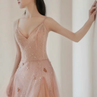 A Line V Neck Tulle Pink Long Prom Dress, Pink Tulle Long Evening Dress KPP1729 - Thumbnail 3