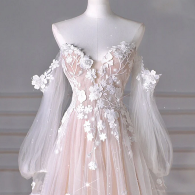 A line long sleeves tulle lace champagne long prom dress, champagne long formal dress kpp1730