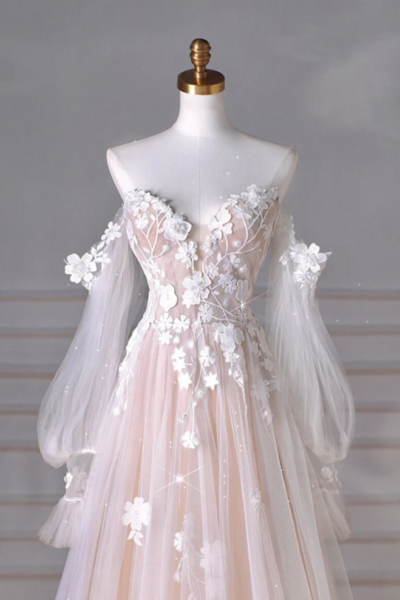 A Line Long Sleeves Tulle Lace Champagne Long Prom Dress, Champagne Long Formal Dress KPP1730