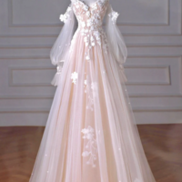 A Line Long Sleeves Tulle Lace Champagne Long Prom Dress, Champagne Long Formal Dress KPP1730 - Thumbnail 1