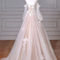 A Line Long Sleeves Tulle Lace Champagne Long Prom Dress, Champagne Long Formal Dress KPP1730 - Thumbnail 3