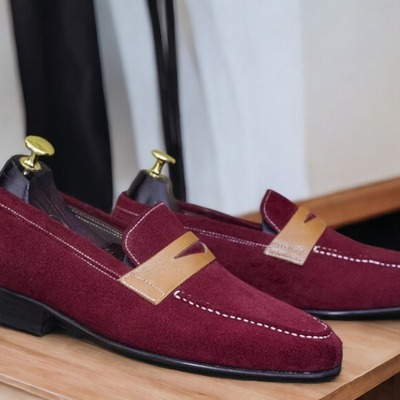 Handmade men's suede burgundy penny loafer shoes - Thumbnail 1