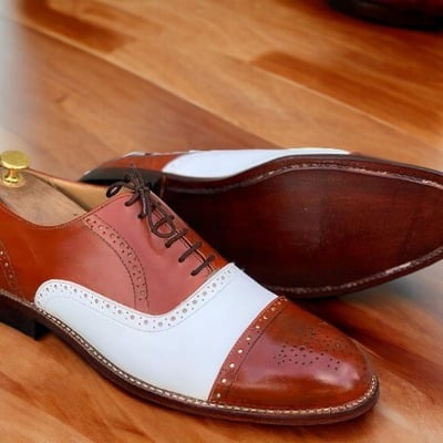 Handmade men's two tone laceup brogue toe leather office shoes - Thumbnail 1