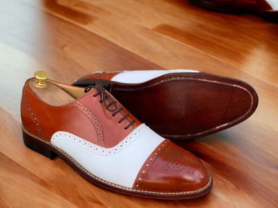 Handmade Men's Two tone Laceup Brogue toe Leather Office Shoes