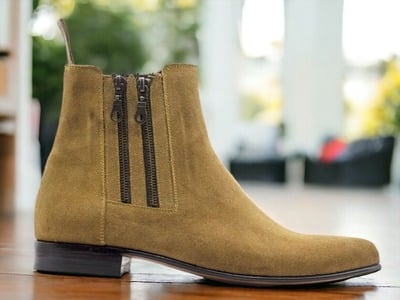 Handmade Men's Brown Suede Two Zipper Dress Boot