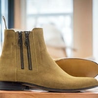 Handmade Men's Brown Suede Two Zipper Dress Boot - Thumbnail 1