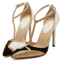 Rhinestone T-shaped Color-blocked Pointed Toe Stiletto High Heels - Thumbnail 6