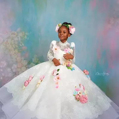 Lace white flower girl dresses ball gown lace long sleeves vintage little girl peageant dress gowns  - Thumbnail 3