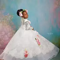 Lace White Flower Girl Dresses Ball Gown Lace Long Sleeves Vintage Little Girl Peageant Dress Gowns  - Thumbnail 1