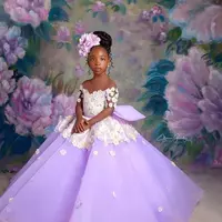 Lilac Sheer Neck Flower Girl Dresses Ball Gown Tulle Short Sleeves Vintage Little Girl Peageant Dress Gowns - Thumbnail 3