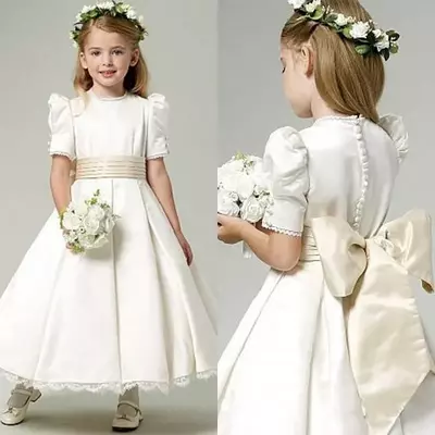 vintage flower girl dress jewel neck ankle length bubble short sleeves lace hemline ivory satin flower girl dresses with  bow sash