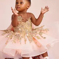 Gold Crystals Flower Girl Dresses Ball Gown Tulle Lace Beaded Backless Vintage Little Girl Peageant Dress Gowns - Thumbnail 1