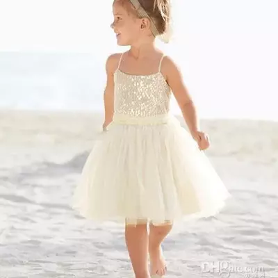 New arrival 2 -14 years old a-line spaghetti knee length tulle ivory flower girl dress children  - Thumbnail 2