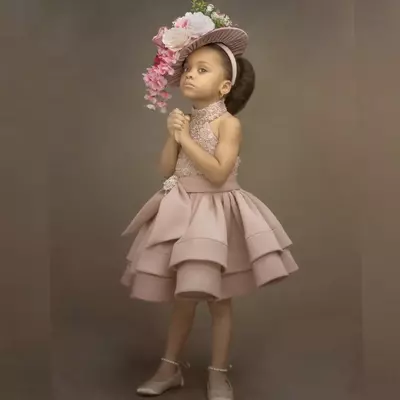 Dusty pink crystal flower girls' dresses for weddings beaded sequins knee length cheap girl communion dress custom made - Thumbnail 2