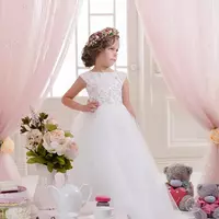 Lace Pearls Flower Girl Dresses Off Shoulder Tulle Children Wedding Dresses Elegant Little Girl Pageant Dresses - Thumbnail 1